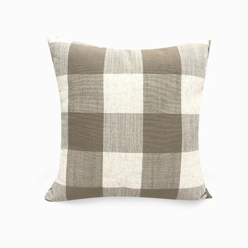 Brown and off-white checkered linen pillowcase with woven texture