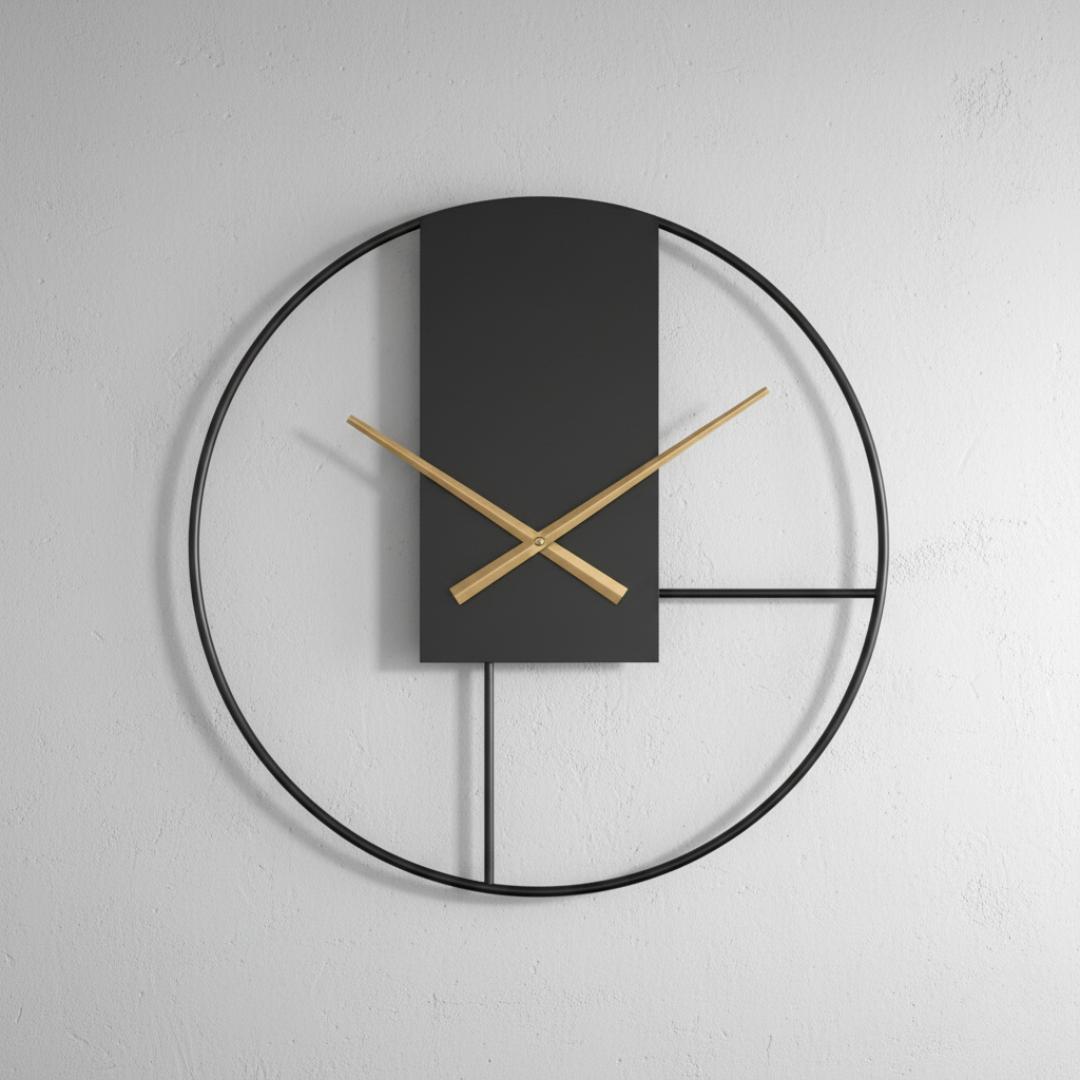 Close-up of minimalist black metal frame with gold hands wall clock