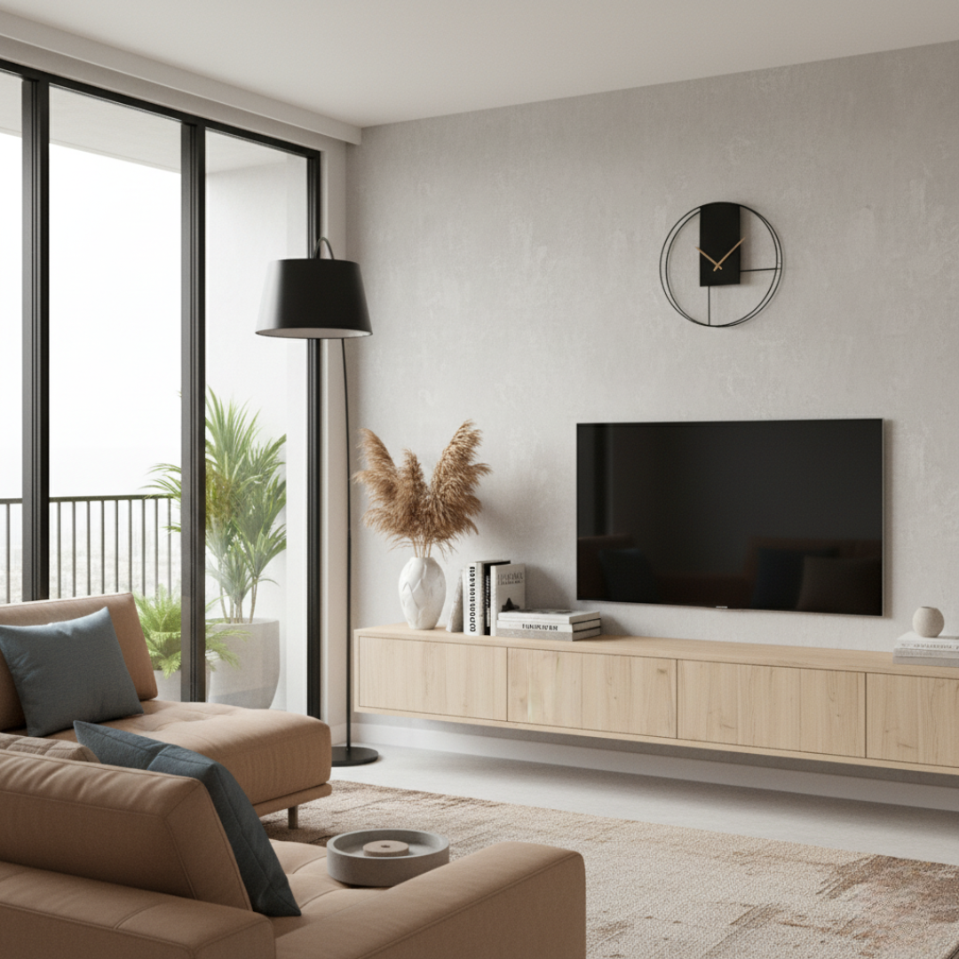 Black and gold geometric timepiece above TV console in Japandi style