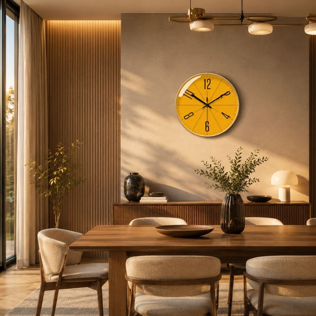 Yellow analog wall clock hanging above wooden dining table in sunlit contemporary home