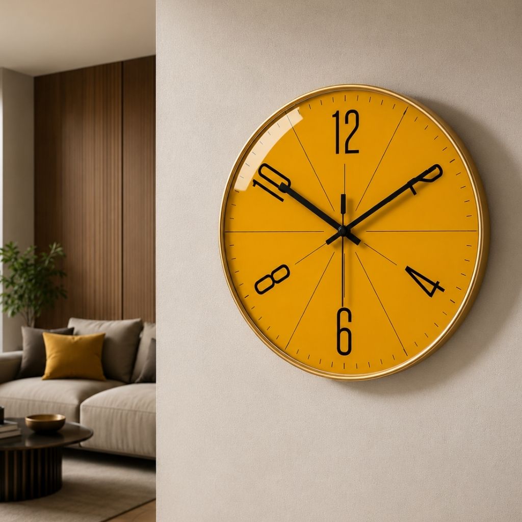 Yellow minimalist wall clock with gold frame displayed in gray contemporary living area