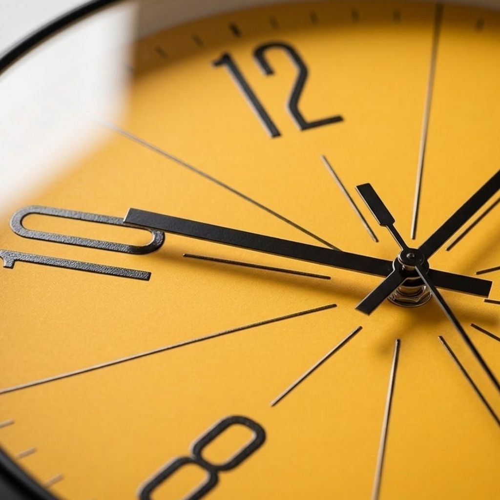 Extreme close-up of yellow clock face showing metallic hub and minute tick marks detail