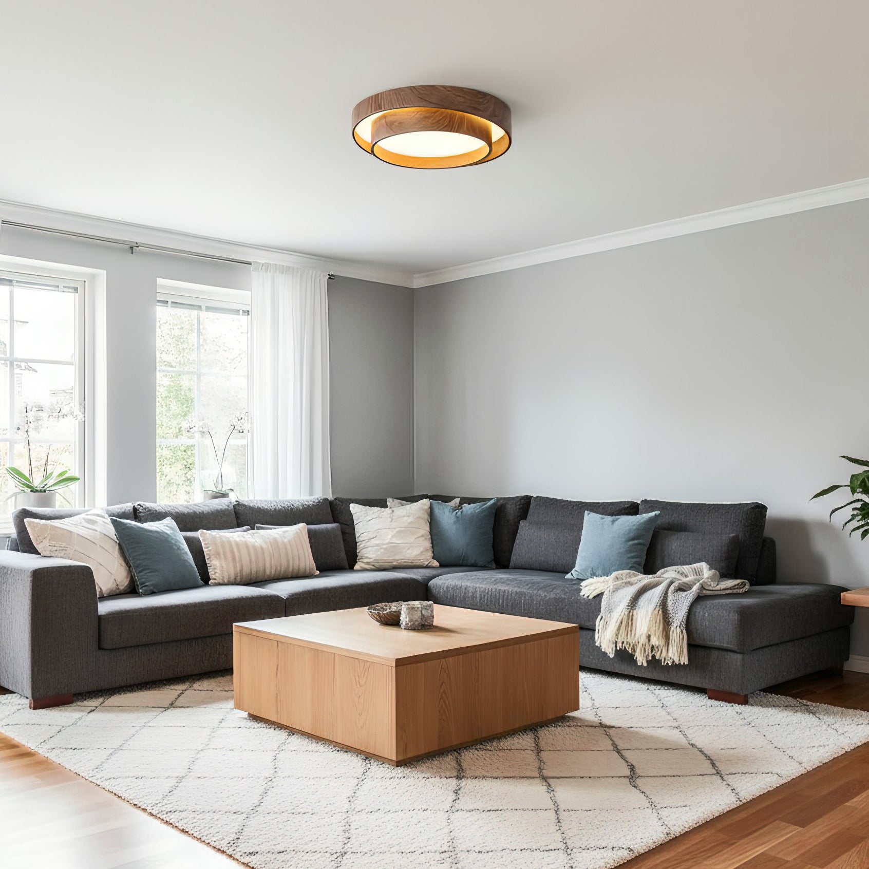 Modern walnut wood dual ring flush mount ceiling light in living room