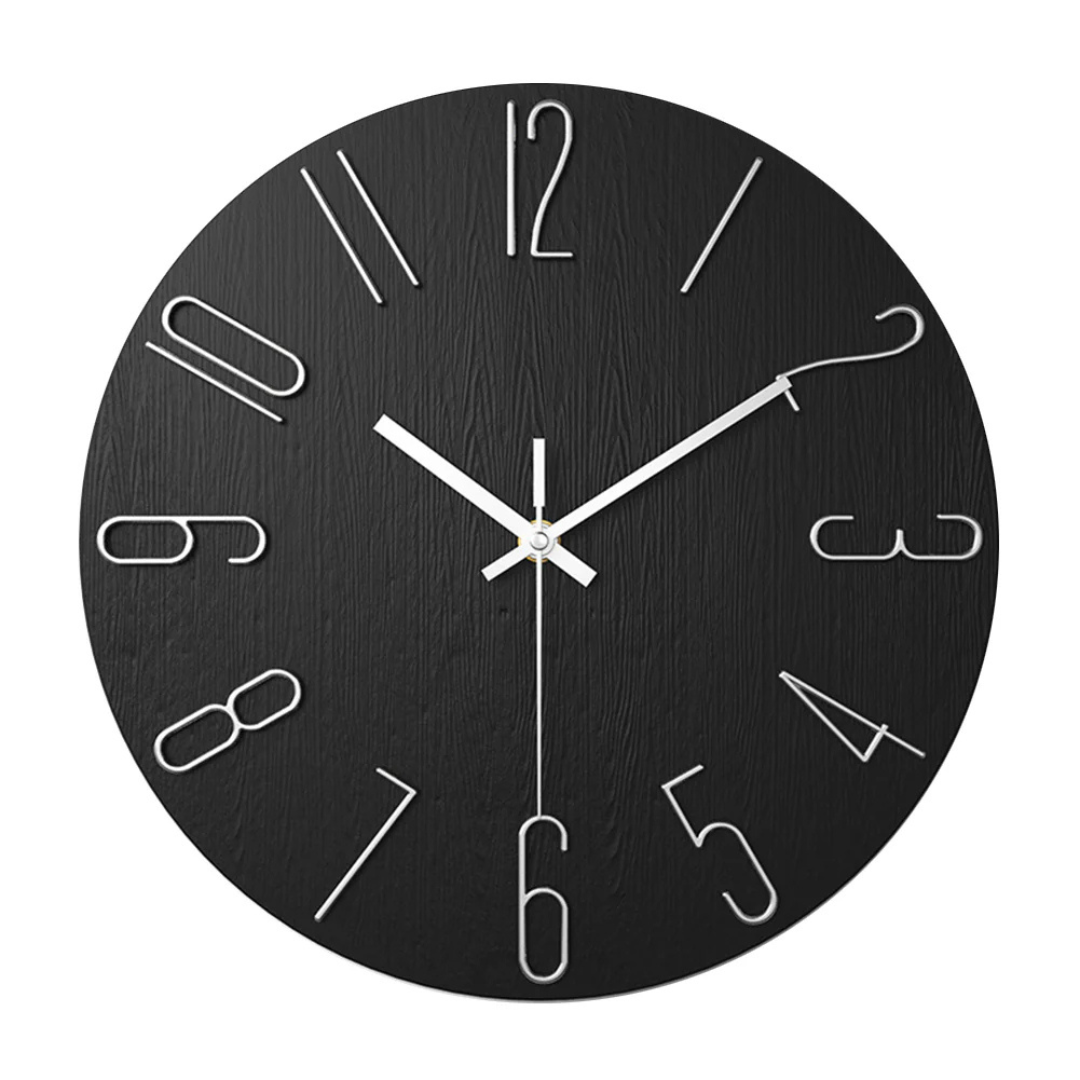 Black wood grain wall clock with silver stylized numerals for home decor