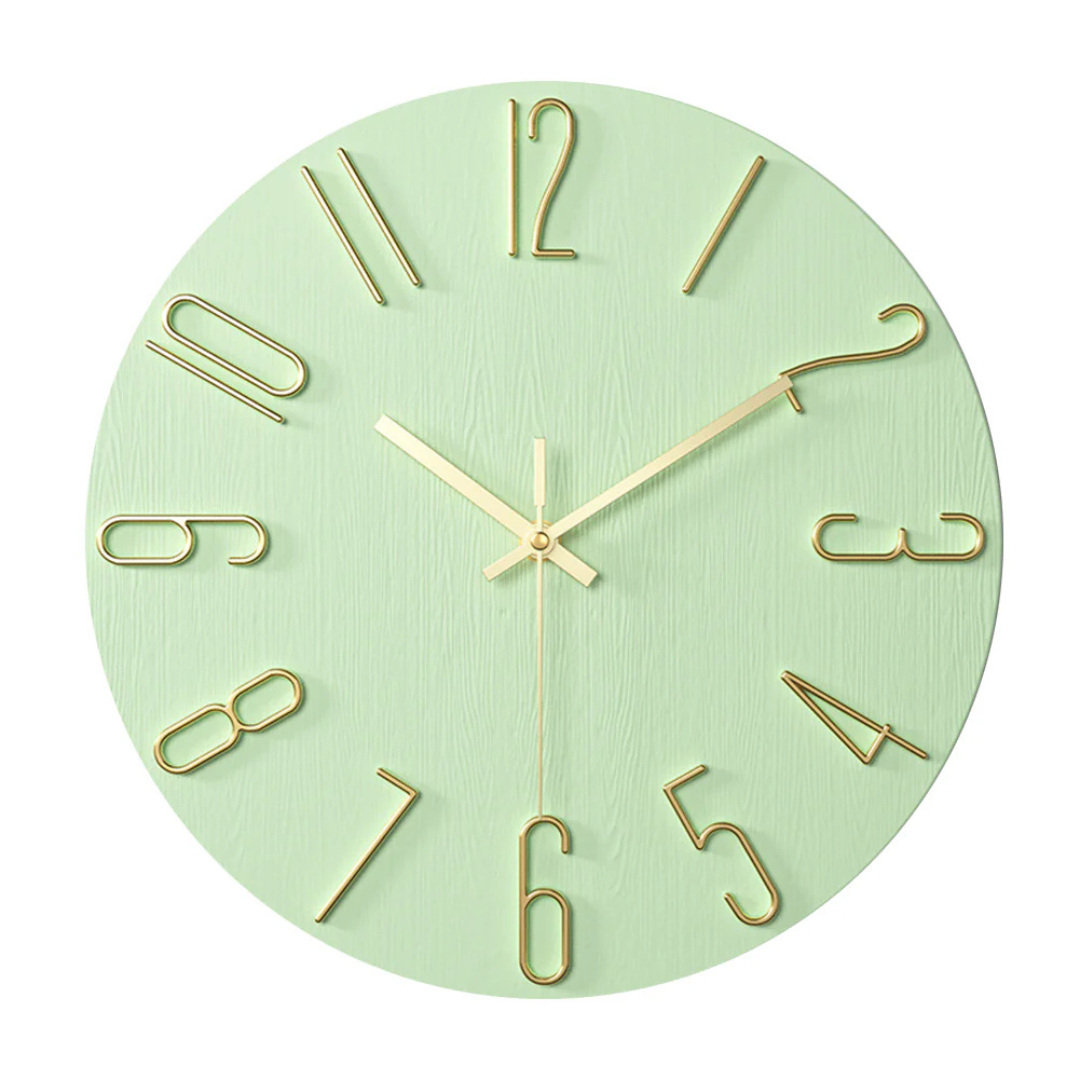 Mint green modern wall clock with textured finish and gold metal details
