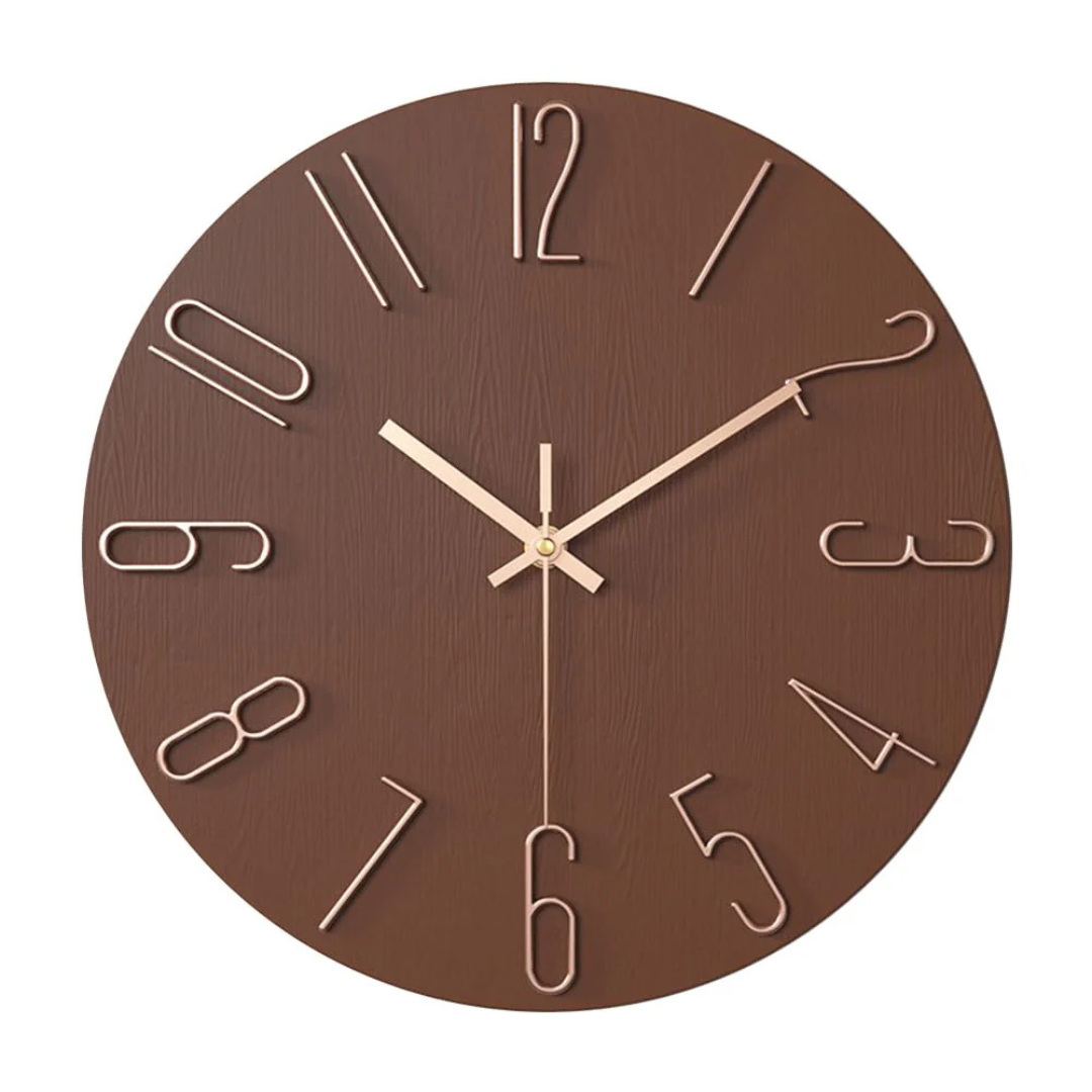 Contemporary brown wall clock with matte texture and brass-colored numerals