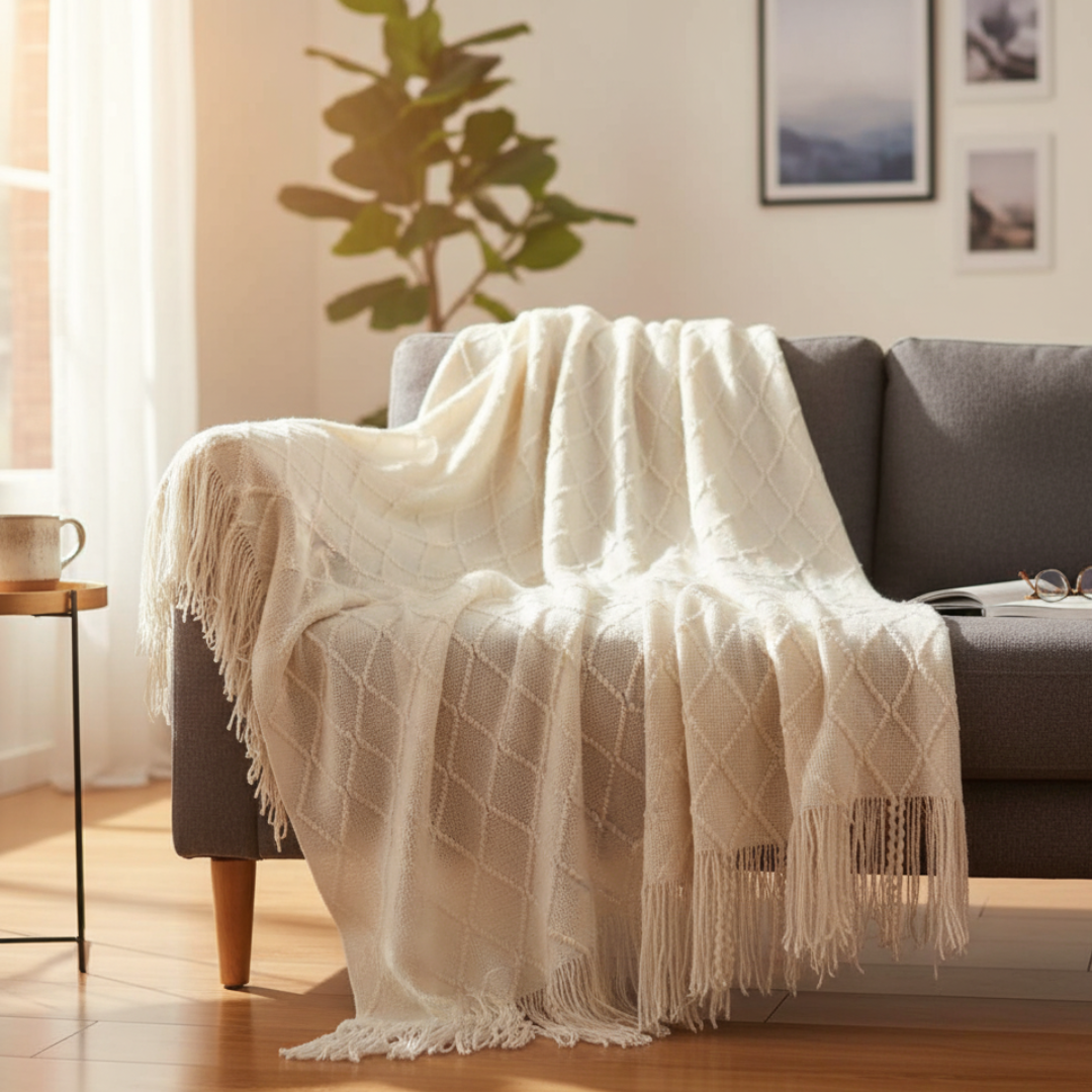 Monarch Diamond Bobble Knit Throw Blanket - Lightweight Geometric Lattice with Tassels