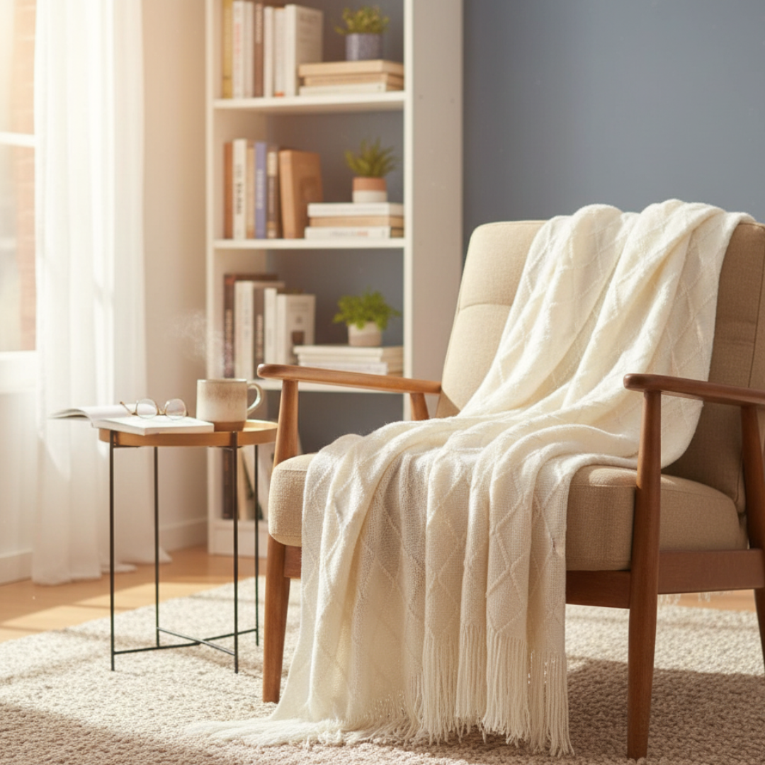 Monarch Diamond Bobble Knit Throw Blanket - Lightweight Geometric Lattice with Tassels