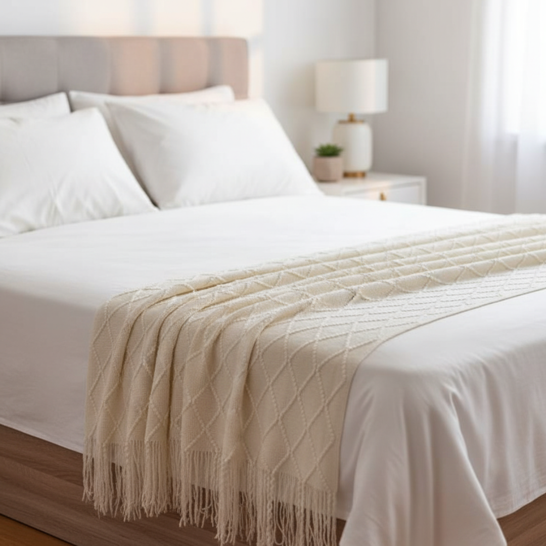 Monarch Diamond Bobble Knit Throw Blanket - Lightweight Geometric Lattice with Tassels