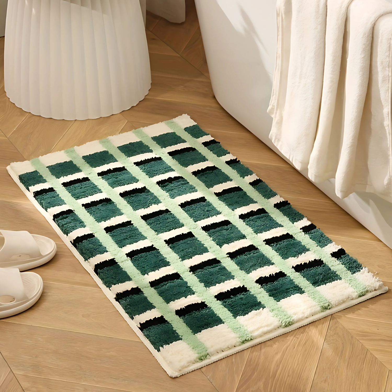 Moss Green Plush Non-Slip Bath Mat – Soft Geometric Design for Modern Bathrooms 0