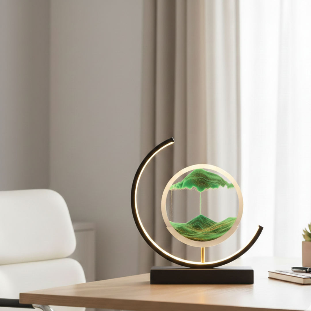 Moving Sand Art Desk Lamp - Round Kinetic Sandscape LED Light, Aluminum & Glass 10