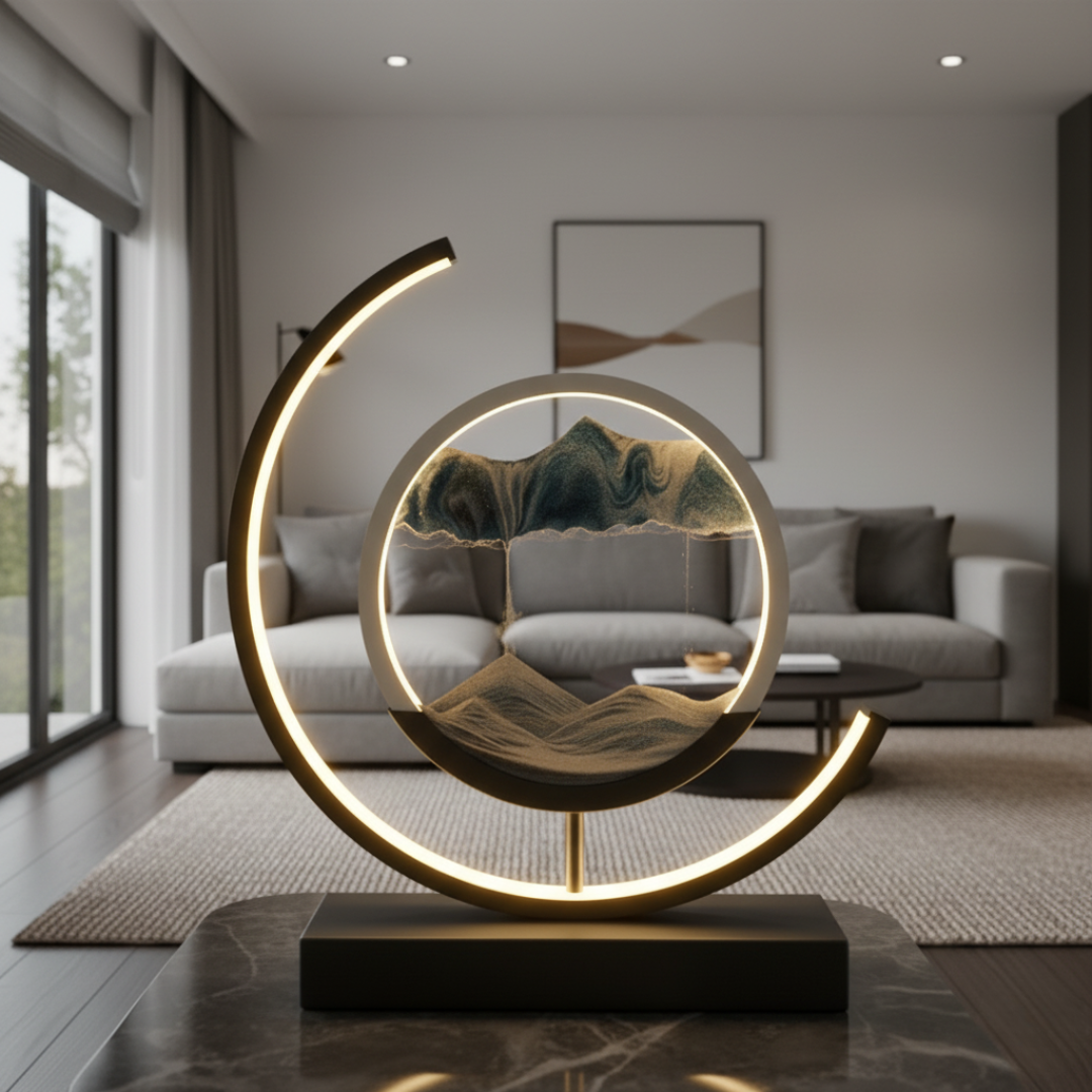Moving Sand Art Desk Lamp - Round Kinetic Sandscape LED Light, Aluminum & Glass 4
