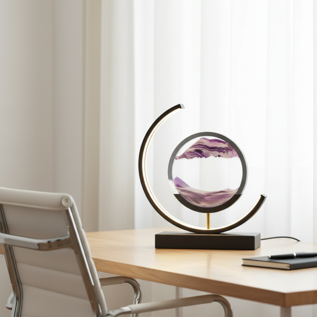 Moving Sand Art Desk Lamp - Round Kinetic Sandscape LED Light, Aluminum & Glass 6