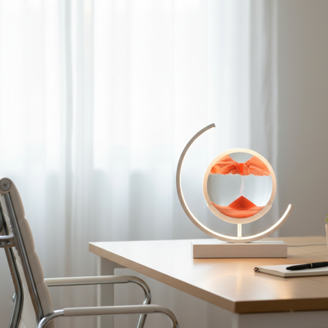 Moving Sand Art Desk Lamp - Round Kinetic Sandscape LED Light, Aluminum & Glass 7