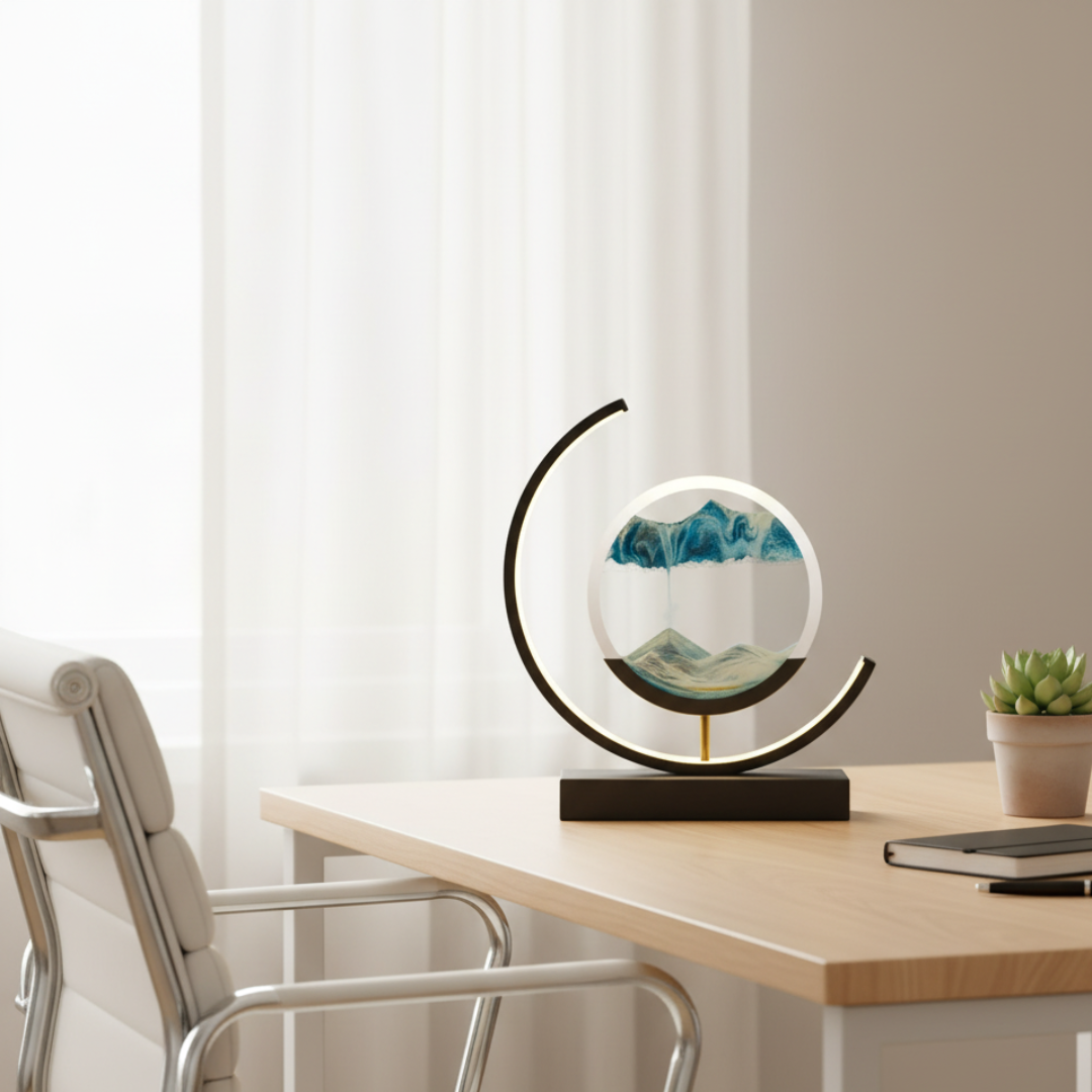 Moving Sand Art Desk Lamp - Round Kinetic Sandscape LED Light, Aluminum & Glass 8