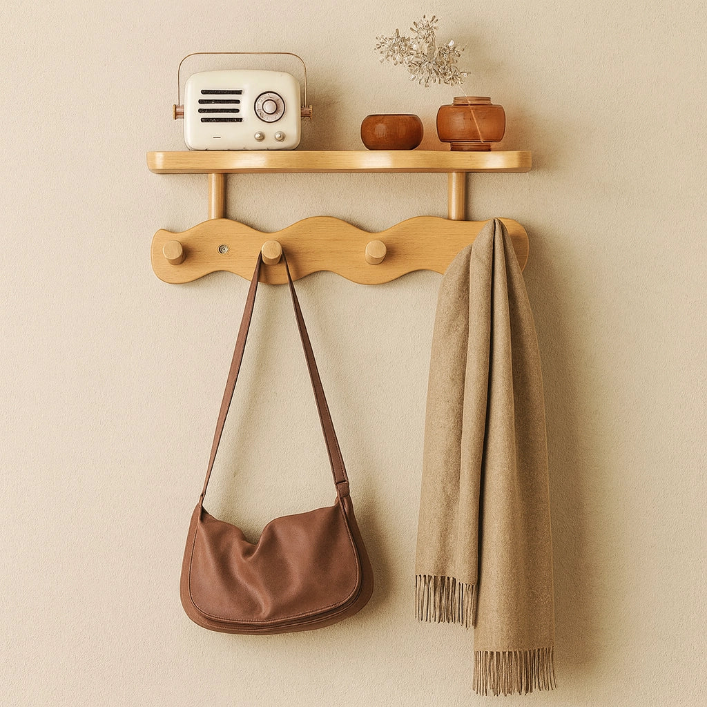 Minimalist bamboo wall shelf with single tier and curved hooks for bags and scarves