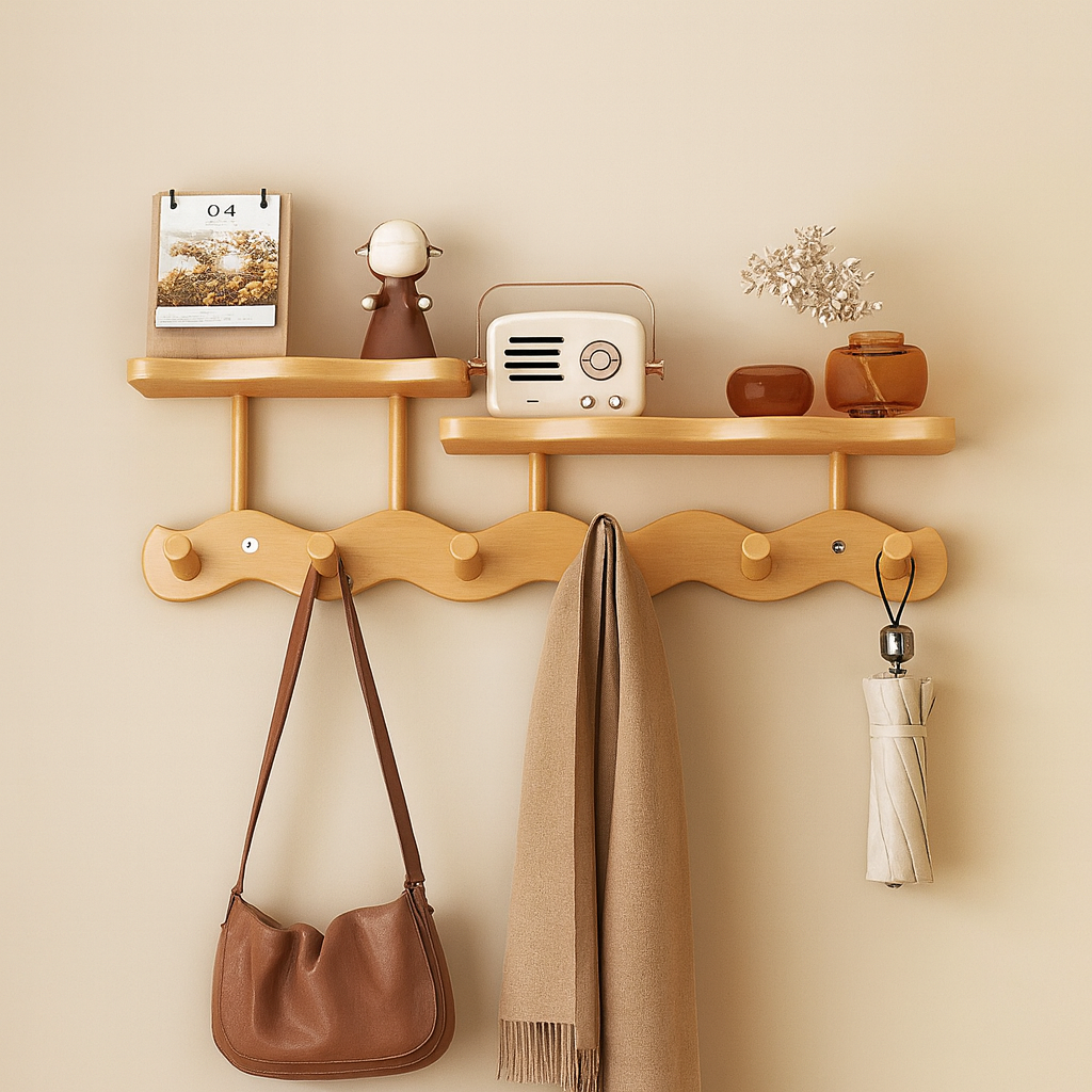 Light wood bamboo coat rack with dual shelves and wavy bar for hallway organization