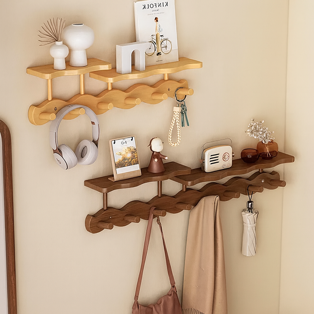 Three-tier bamboo wall rack with organic wavy design for home decor and storage