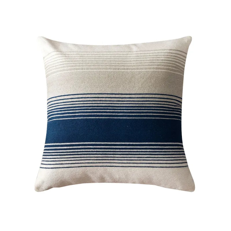 Navy blue and off-white layered stripe pillow with fine parallel line design
