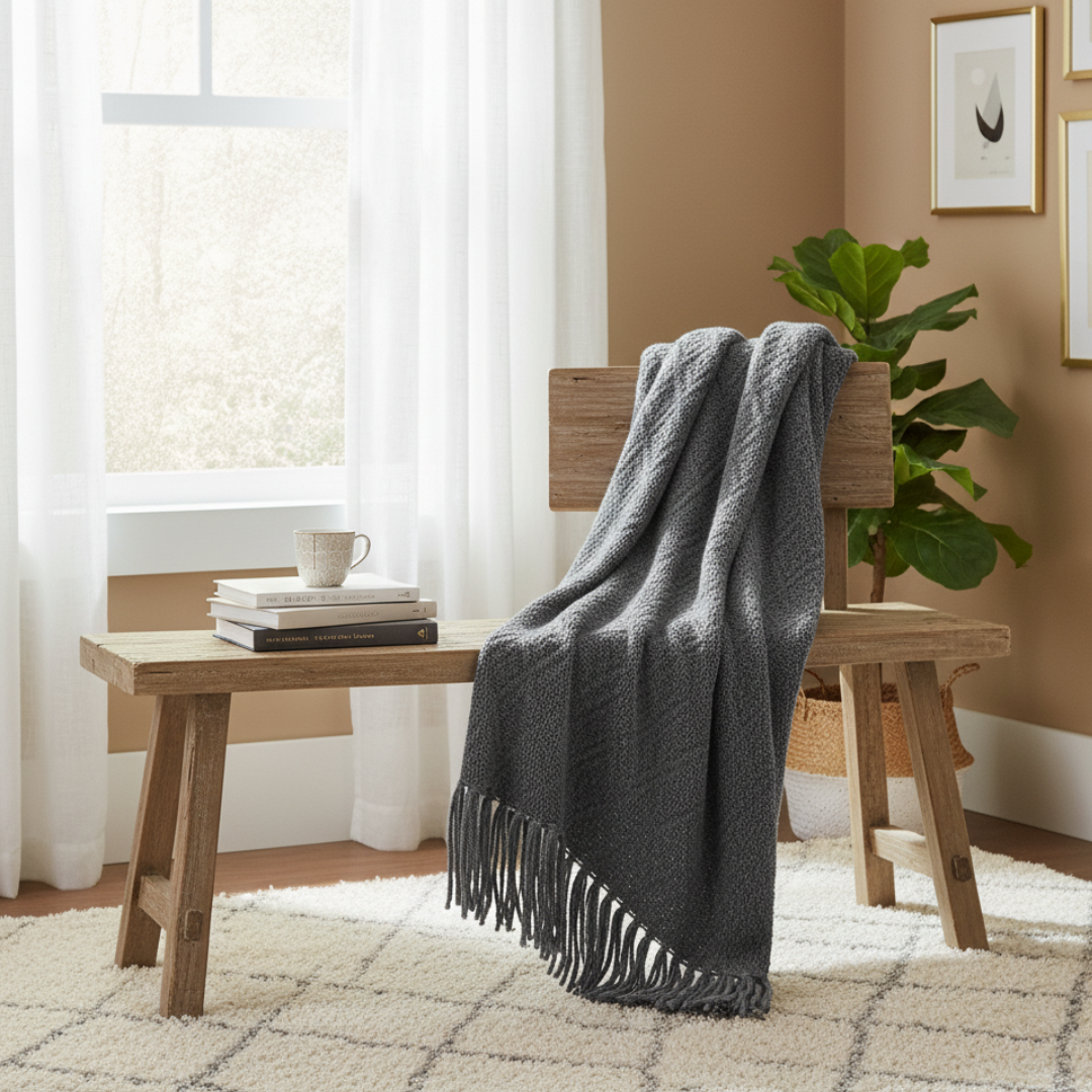 Nordic Flat Knit Blanket - Minimalist Geometric Lattice Design - Lightweight Decorative Sofa Throw with Unbraided Fringe