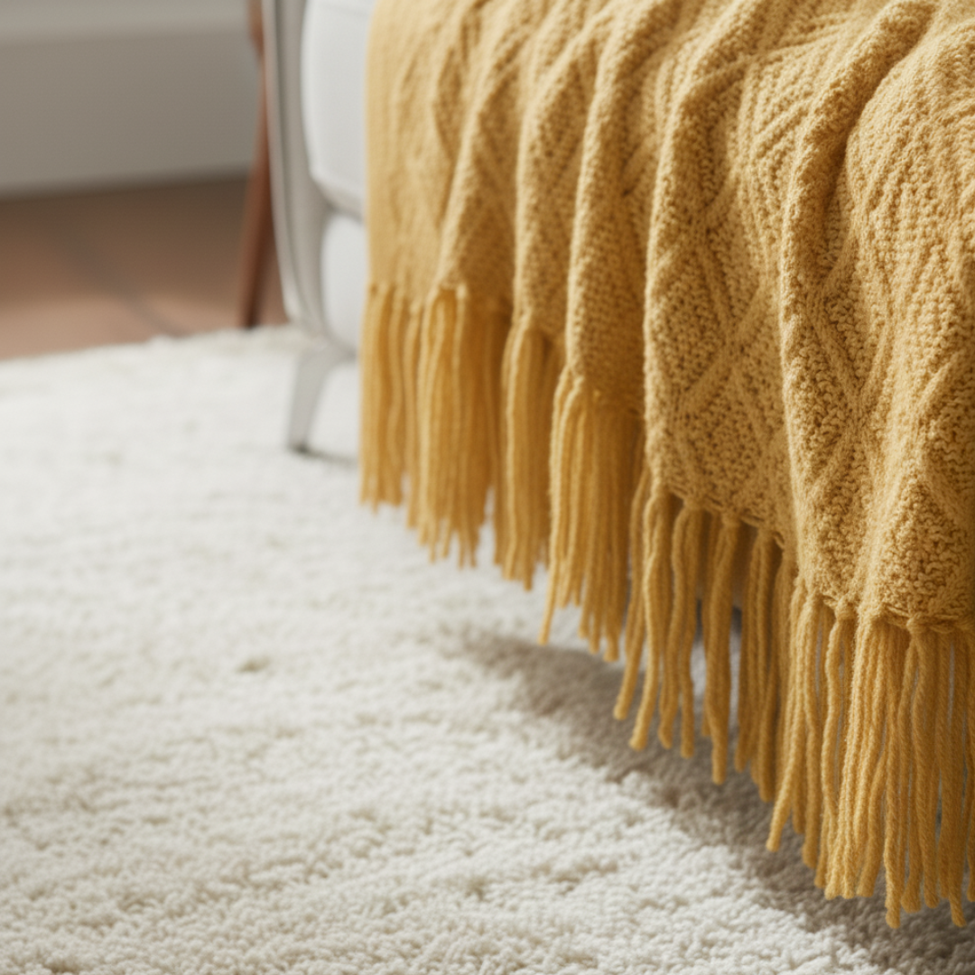 Nordic Flat Knit Blanket - Minimalist Geometric Lattice Design - Lightweight Decorative Sofa Throw with Unbraided Fringe