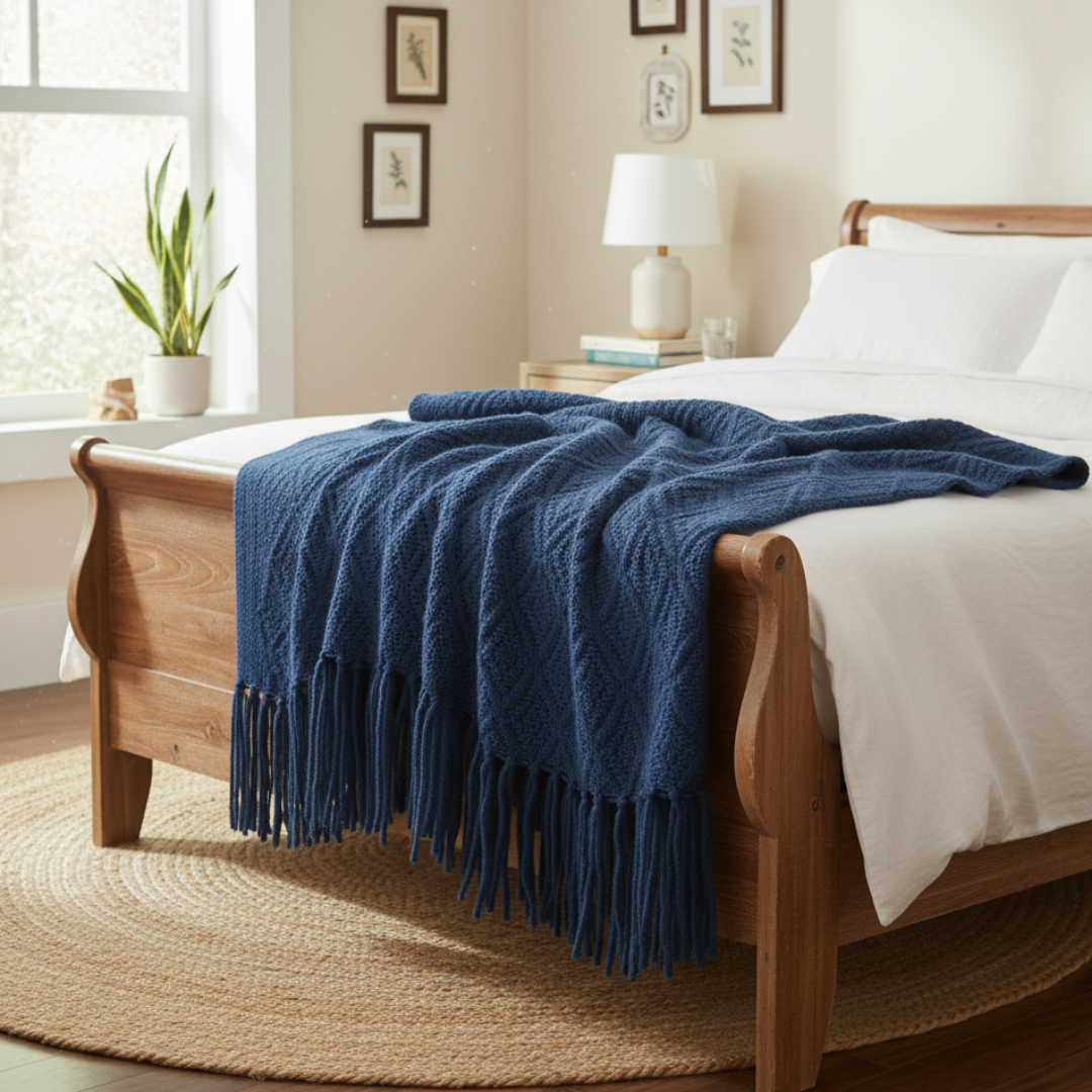 Nordic Flat Knit Blanket - Minimalist Geometric Lattice Design - Lightweight Decorative Sofa Throw with Unbraided Fringe