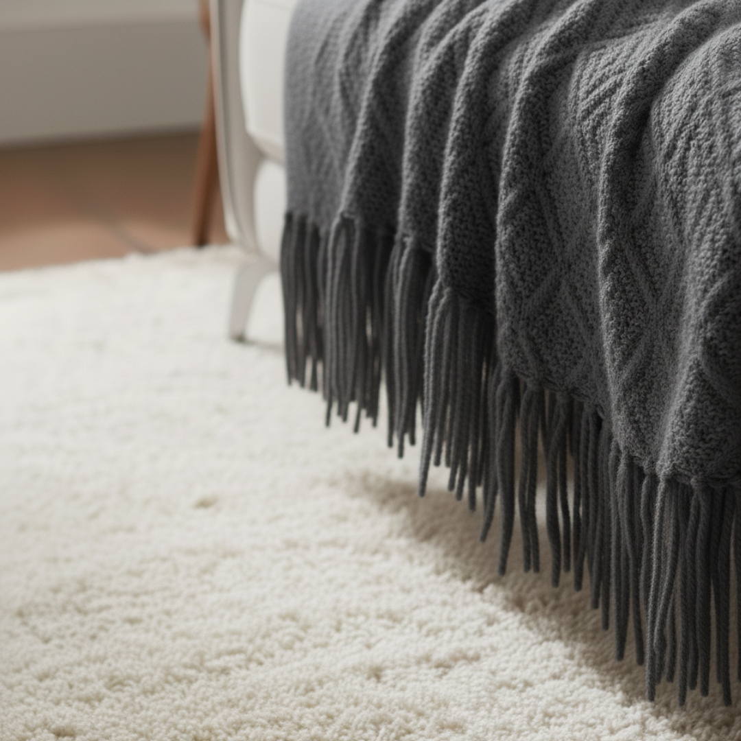 Nordic Flat Knit Blanket - Minimalist Geometric Lattice Design - Lightweight Decorative Sofa Throw with Unbraided Fringe