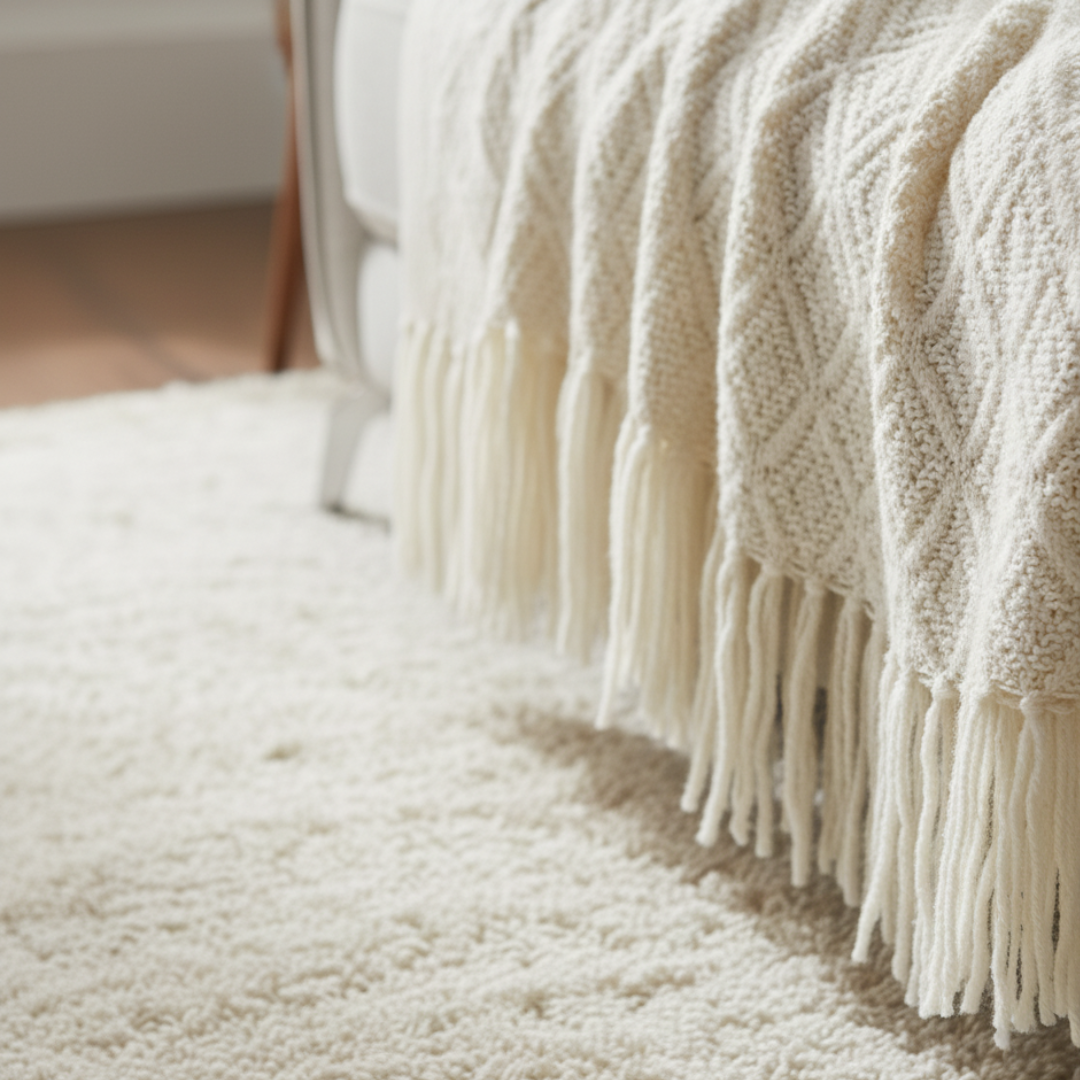 Nordic Flat Knit Blanket - Minimalist Geometric Lattice Design - Lightweight Decorative Sofa Throw with Unbraided Fringe