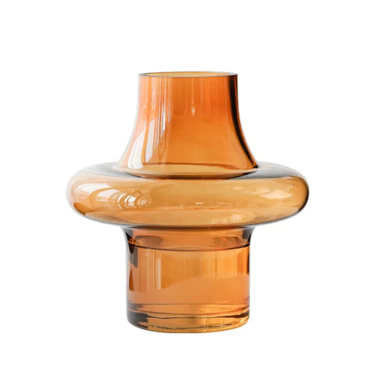 Modern amber tinted glass vase with sculptural wide rim on white background