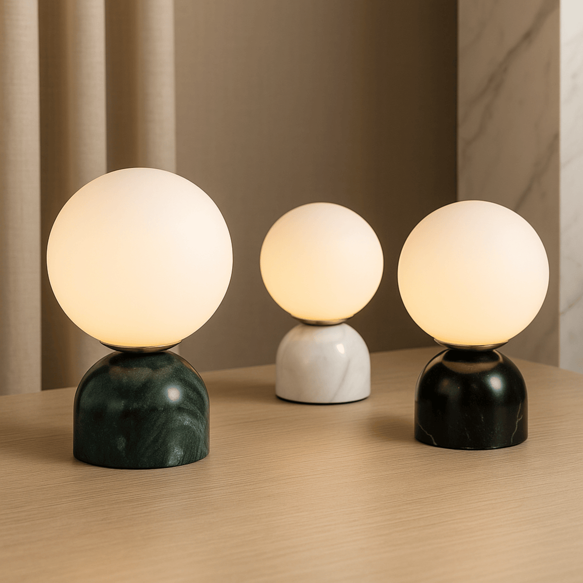 Three color variants of marble base table lamps on light wood surface