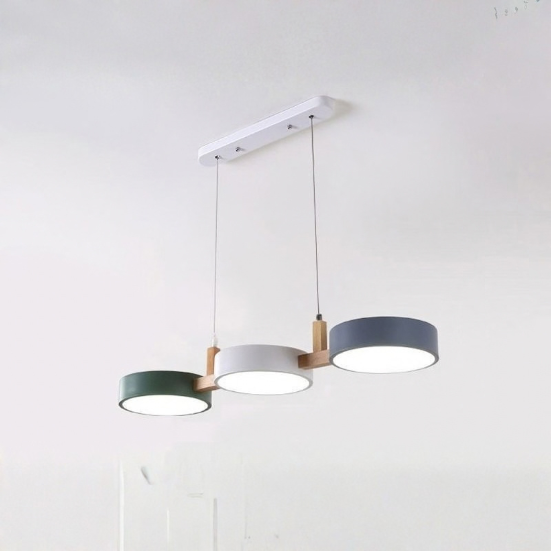 Mixed color green and gray drum pendant set with wood blocks