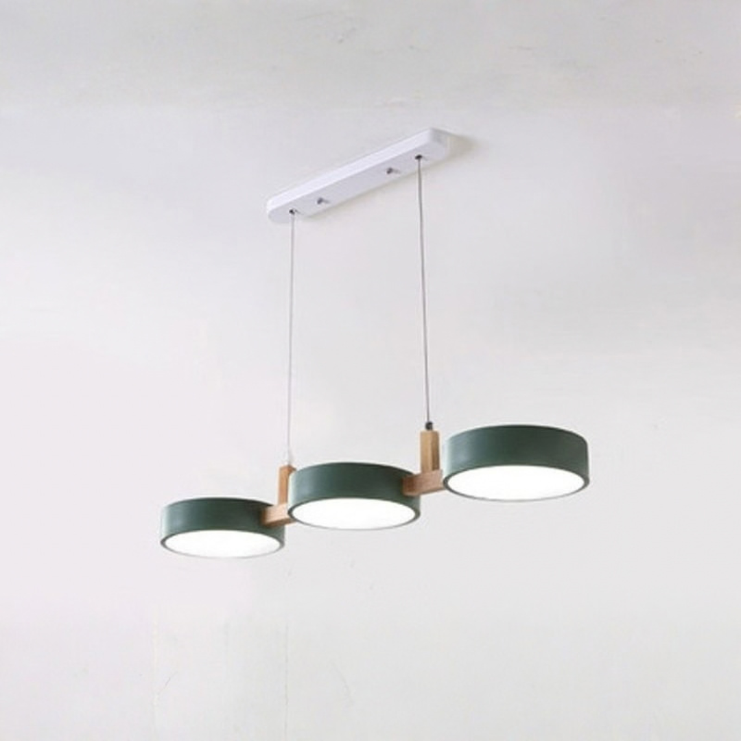 Green Nordic wood drum LED pendant chandelier with metal accents
