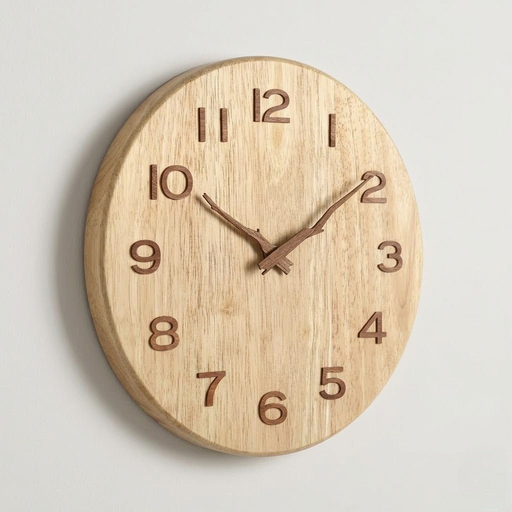 3D raised numeral wooden wall clock casting shadow for depth on plain wall