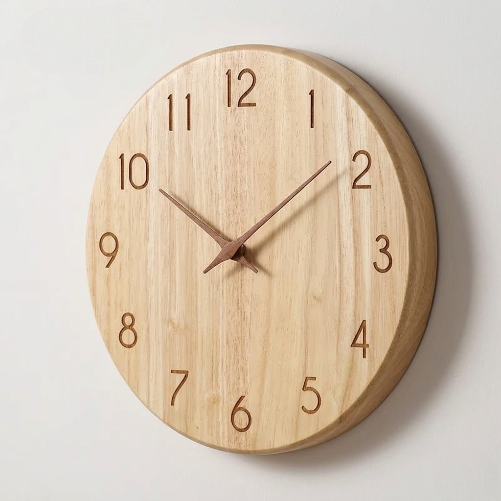Rustic Nordic round wooden wall clock with gently curved edge profile on off-white wall