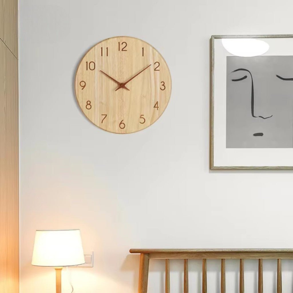 Flat numeral wooden wall clock hanging above bed headboard in bedroom setting