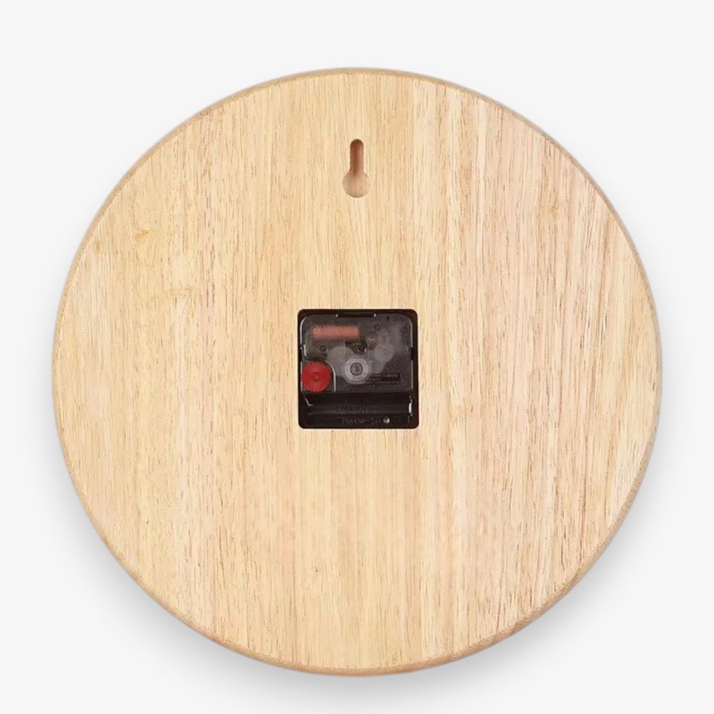 Back view of silent wooden wall clock showing hanging slot and internal mechanism