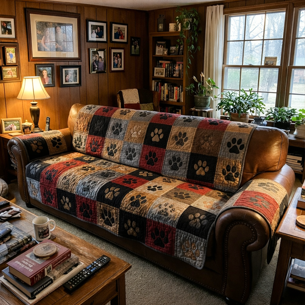 Multicolor plaid quilted furniture protector covering brown leather sofa