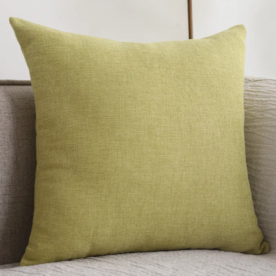 Olive green coarse woven linen cushion for farmhouse decor