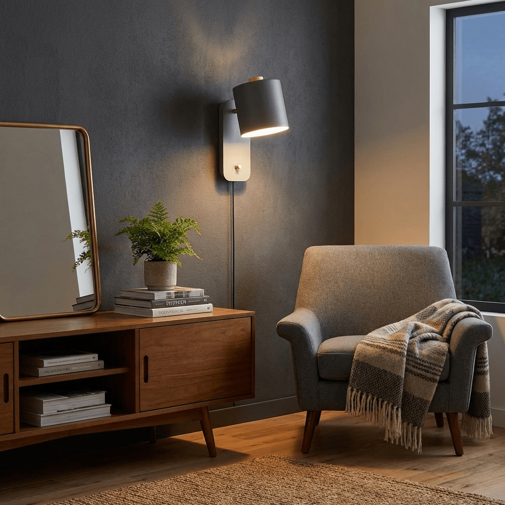 Grey Nordic minimalist wall sconce casting warm light on console