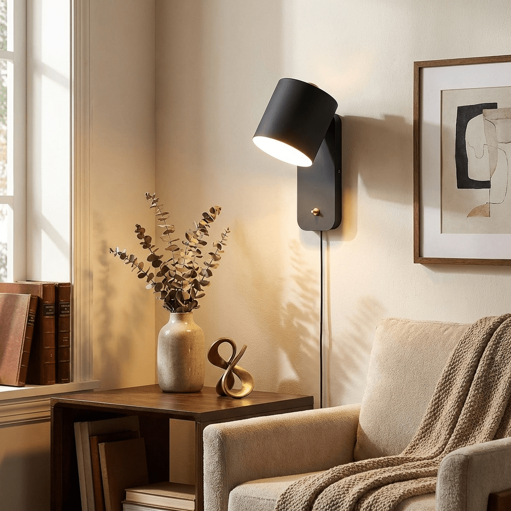 Grey rotatable cylinder wall sconce with brass knob beside armchair