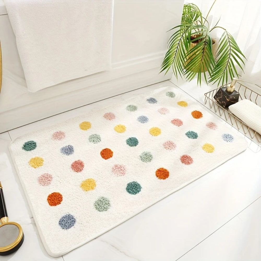 Polka Dot Bath Rug Soft Microfiber – Absorbent & Non-Skid Multicolor Pom-Pom Style