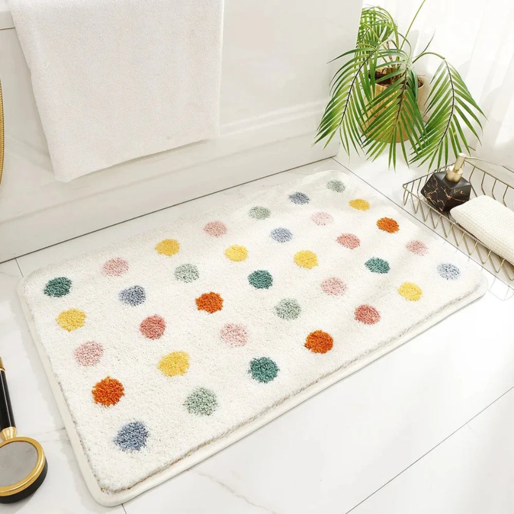 Polka Dot Bath Rug Soft Microfiber – Absorbent & Non-Skid Multicolor Pom-Pom Style