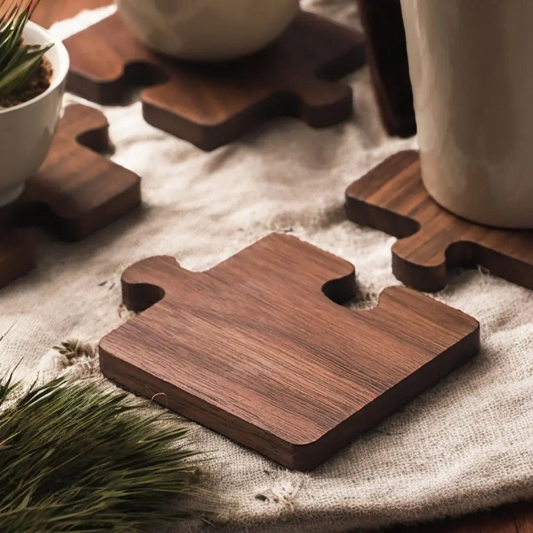 Single natural finish walnut wood coaster with rounded edges on linen