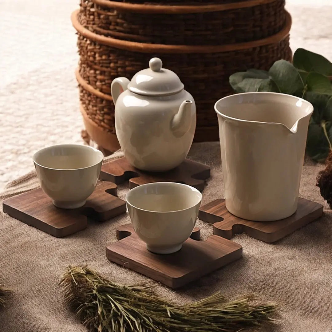 Walnut puzzle cup coasters set under ceramic teapot and matching cups