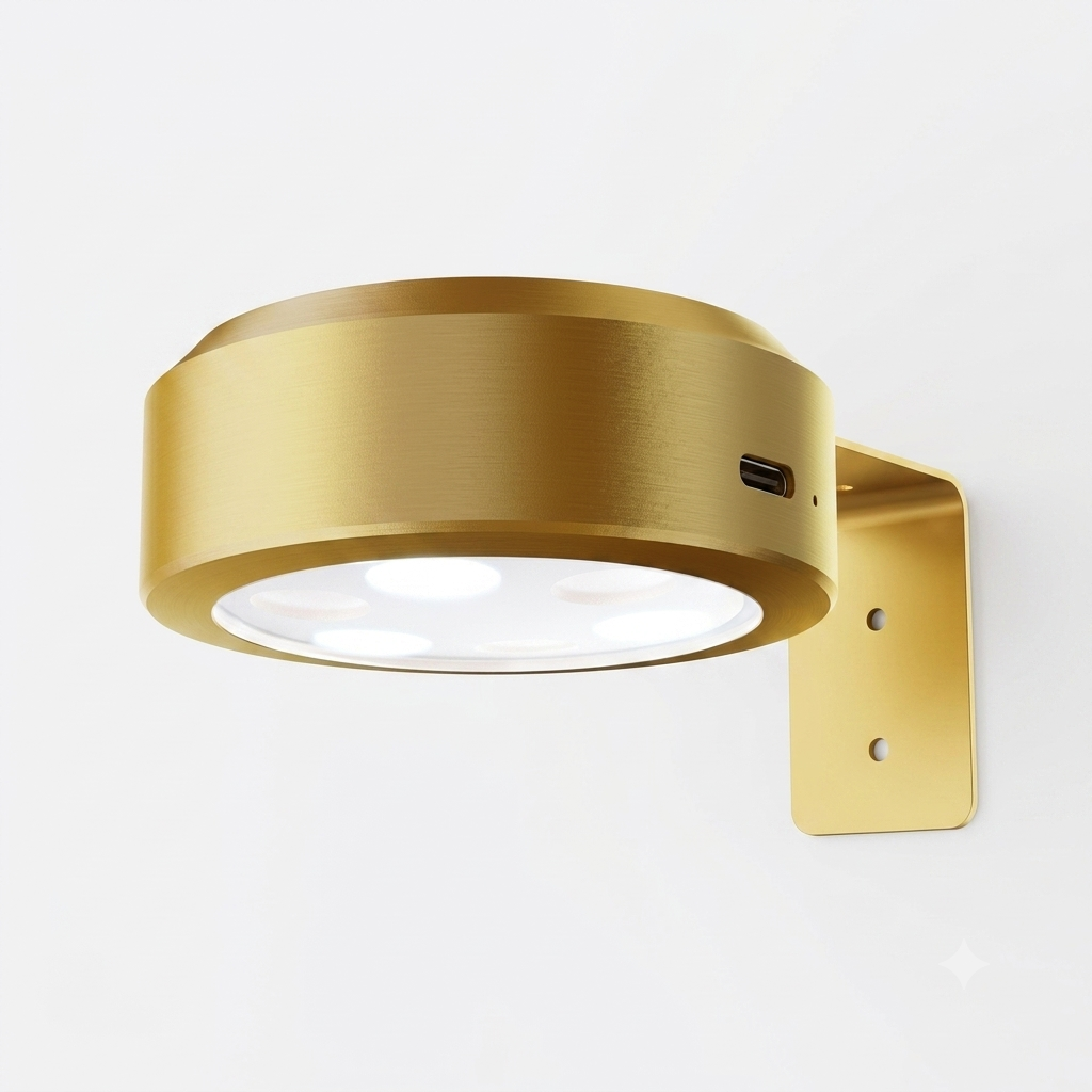 Gold brushed finish magnetic rechargeable puck light with USB-C charging
