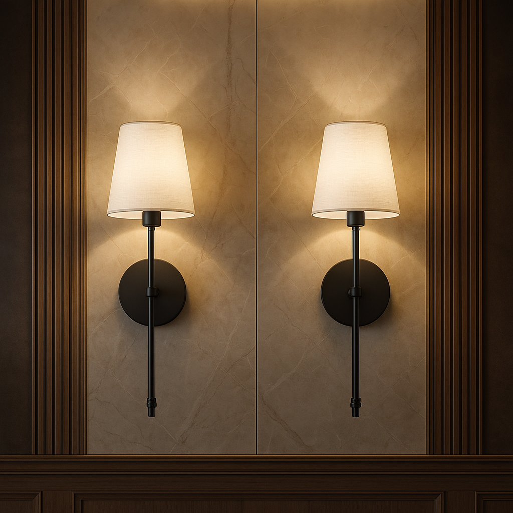 Set of 2 matte black rechargeable wall sconces with fabric shades