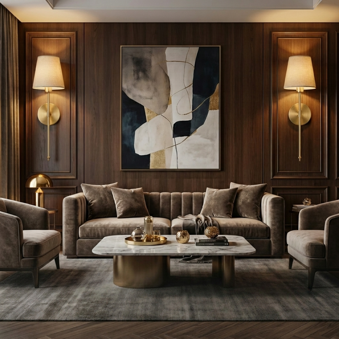 Gold cordless wall sconce illuminating modern living room space