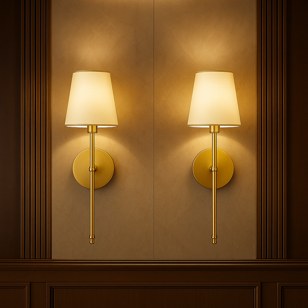 Set of 2 gold finish battery operated wall sconces with fabric shades