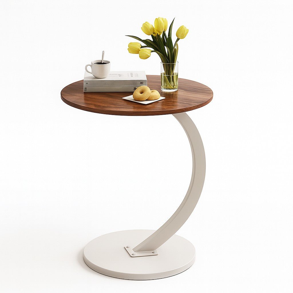 White curved metal base round accent table with walnut top