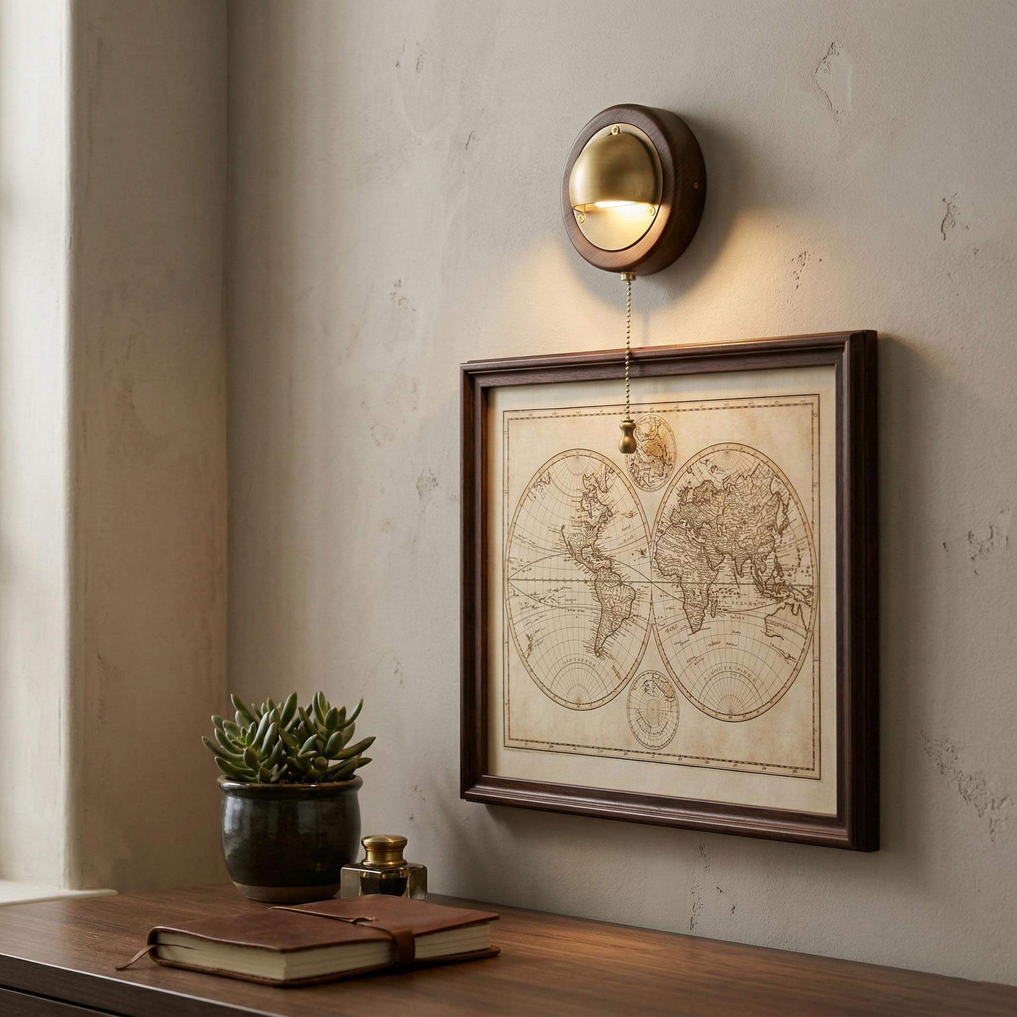Industrial style wood and brass wall lamp illuminating home office desk area